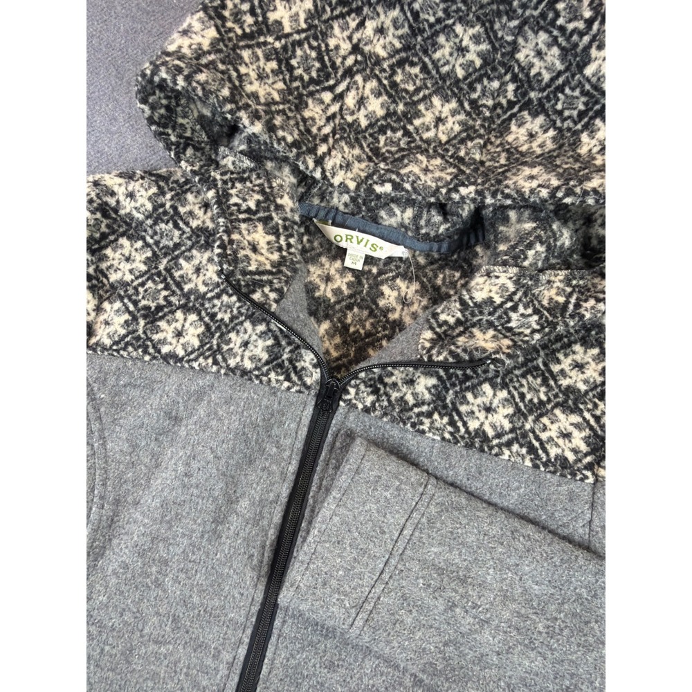 Orvis Zip Up Hoodie Womens Medium Grey Fair Isle Patterned Yoke‎ Hooded Jacket